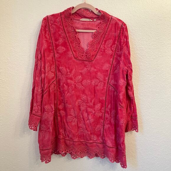 Soft Surroundings Deidre Tunic Top 1X Bright Pink Embroidered Eyelet Floral Boho - Picture 1 of 16